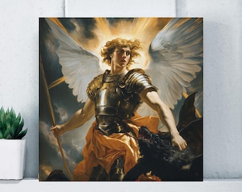 Impresión en lienzo mate de ángel contra diablo, decoración del hogar, arte religioso, regalo espiritual, decoración del dormitorio, arte de pared de la sala de estar, regalo de inauguración de la casa