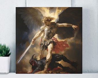 Arte de pared en lienzo del Arcángel Miguel venciendo al diablo, decoración de ángel protector de oficina, regalos cristianos, decoración de arte espiritual, arte religioso católico