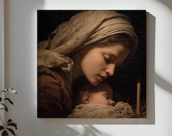 Madonna and Child Canvas Art, Nativity Scene Painting, Religious Wall Decor, Mary and Jesus Candlelight, Fine Art Print, Christmas Gift