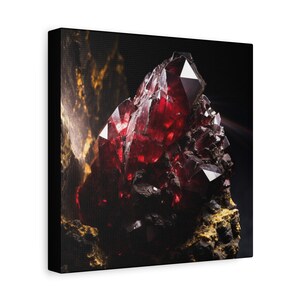 Arte de pared en lienzo con piedras preciosas de color rojo rubí moderno, arte de pared de cristal granate, arte de geoda de lujo, arte de pared de mineros, decoración de granja con piedras preciosas imagen 2