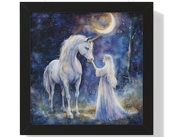 Póster enmarcado con pintura de unicornio, arte de pared, historia de unicornio, decoración mágica, arte de fantasía, decoración de habitación de niñas y niños, regalo de cumpleaños para decoración de guardería
