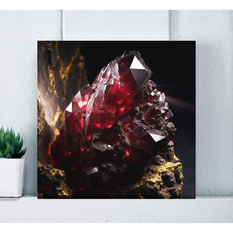 Puede incluir: Primer plano de una vibrante formaci&oacute;n cristalina roja y facetada. El cristal tiene bordes afilados y una estructura compleja, sobre un fondo oscuro. La base es de color marr&oacute;n dorado texturizado.