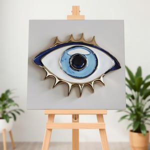 Arte de parede em tela de mau-olhado, decoração moderna de proteção boho para casa, arte espiritual de mau-olhado azul, arte de parede mística