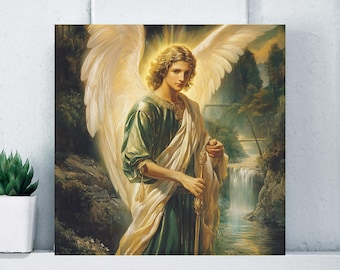 Arte de pared en lienzo mate del Arcángel Rafael, regalos cristianos, protector curativo, decoración del hogar, pintura religiosa, decoración de pared, regalo para pacientes enfermos