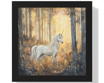 Póster enmarcado con pintura de unicornio, arte de pared, historia de unicornio, decoración mágica, arte de fantasía, decoración de habitación de niñas y niños, regalo de cumpleaños para decoración de guardería