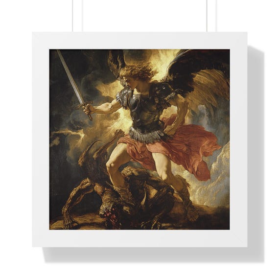 大天使ミカエルが悪魔を打ち負かす額入り壁アート、オフィスの天使の
