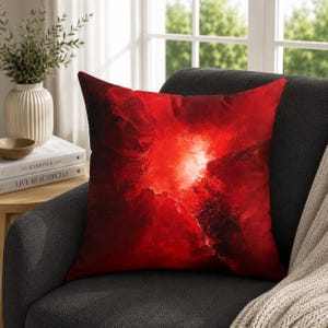 May include: A square throw pillow featuring a vibrant, abstract design in shades of deep crimson, scarlet, and bright red. The pattern displays a textured, crater-like center that radiates outward with dark, shadowy edges and a glowing, light-filled core.