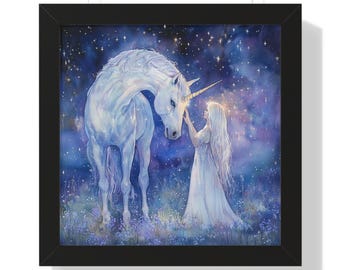 Póster enmarcado con pintura de unicornio, arte de pared, historia de unicornio, decoración mágica, arte de fantasía, decoración de habitación de niñas y niños, regalo de cumpleaños para decoración de guardería