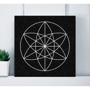 May include: A white geometric design of a circle with intersecting lines on a black background with a speckled texture.
