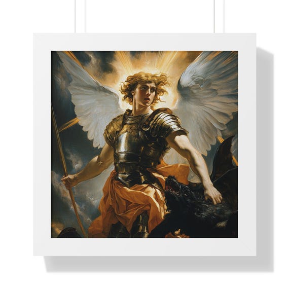 Archangel Gabriel Framed Poster, Angel Fighting Devil Art Print
