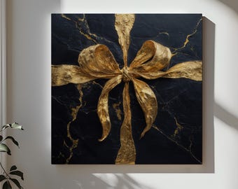 Golden Ribbon Canvas Wall Art, Luxury Black and Gold Abstract Painting, Textured Metallic Wall Decor, Modern Elegant Home Decor, Glam Gift