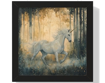 Póster enmarcado con pintura de unicornio, arte de pared, historia de unicornio, decoración mágica, arte de fantasía, decoración de habitación de niñas y niños, regalo de cumpleaños para decoración de guardería
