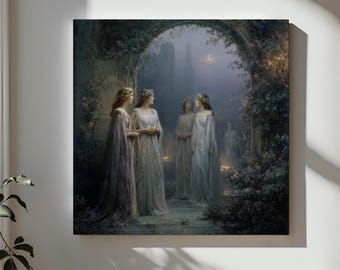 Moonlit Goddesses Canvas Wall Art, Ethereal Women Painting, Celestial Feminine Decor,Elegant Fantasy Art Print,Mystical Moonlight Wall Decor