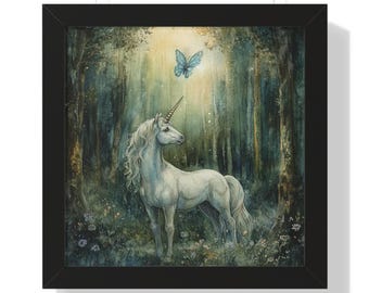 Póster enmarcado con pintura de unicornio, arte de pared, historia de unicornio, decoración mágica, arte de fantasía, decoración de habitación de niñas y niños, regalo de cumpleaños para decoración de guardería