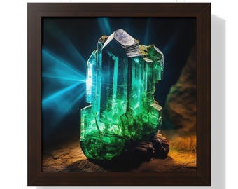 Può includere: Stampa incorniciata con una vibrante formazione di cristalli verdi luminosi. Il cristallo è posto su uno sfondo scuro con raggi di luce blu. La cornice marrone scuro aggiunge un tocco di eleganza.