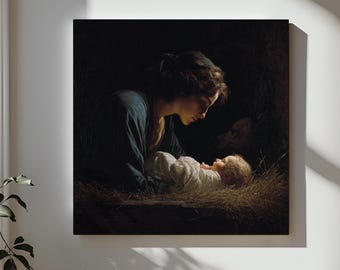 Nativity Scene Canvas Art, Mary and Jesus Painting, Religious Wall Decor, Christmas Art, Madonna and Child, Fine Art Print, Manger Scene