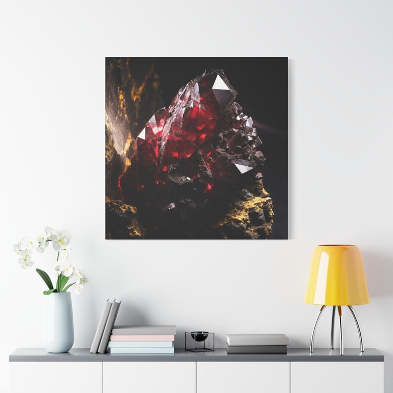 Arte de pared en lienzo con piedras preciosas de color rojo rubí moderno, arte de pared de cristal granate, arte de geoda de lujo, arte de pared de mineros, decoración de granja con piedras preciosas imagen 5
