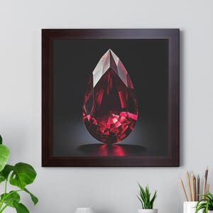 May include: A deep red gemstone with a teardrop shape, set against a black background. The gem is highly polished and reflects light, creating a sparkling effect.