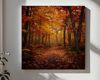 Herbstwald Leinwand Wandkunst, Herbstlaub Weg Landschaft, Bunte Bäume Naturdruck, Warmer Herbst Wald Dekor, Gemütliches Zuhause Geschenkidee