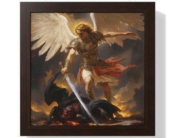 Arte de pared enmarcado del Arcángel Miguel venciendo al diablo, decoración de ángel protector para la oficina, regalos cristianos, decoración de arte espiritual, arte religioso católico