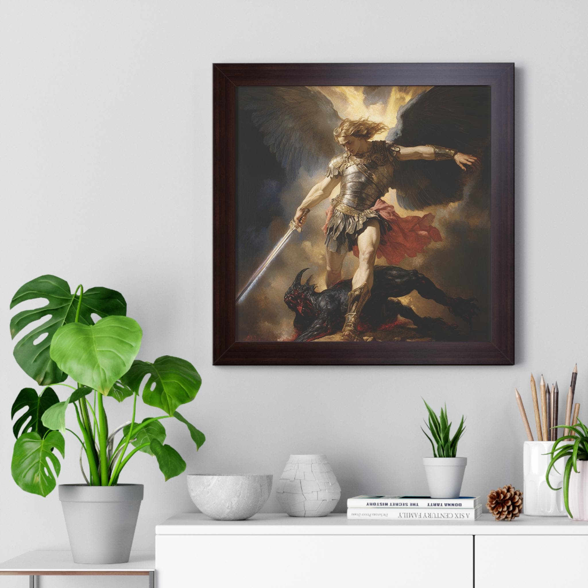 Archangel Michael Beat the Devil Framed Wall Art, Office Angel