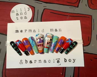 Mermaid Man & Barnacle Boy Set: Custom Hand Painted Press-on Nails
