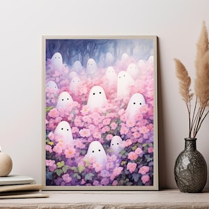Pastel Ghost Flower Print, Whimsical Spring Ghosts Wall Art, Pink Purple Floral Decor, Cute Spooky Print