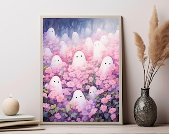 May include: A framed wall art print featuring a whimsical illustration of numerous small white ghost figures with simple black eyes, scattered throughout a dense field of vibrant pink flowers and green foliage under a soft, hazy purple sky.