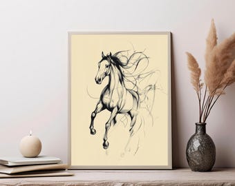 May include: A framed wall art print featuring a black ink sketch of a galloping horse on a cream-colored background. The illustration uses fluid, sweeping lines to depict the horse in motion with a flowing mane and tail, presented in a simple frame.