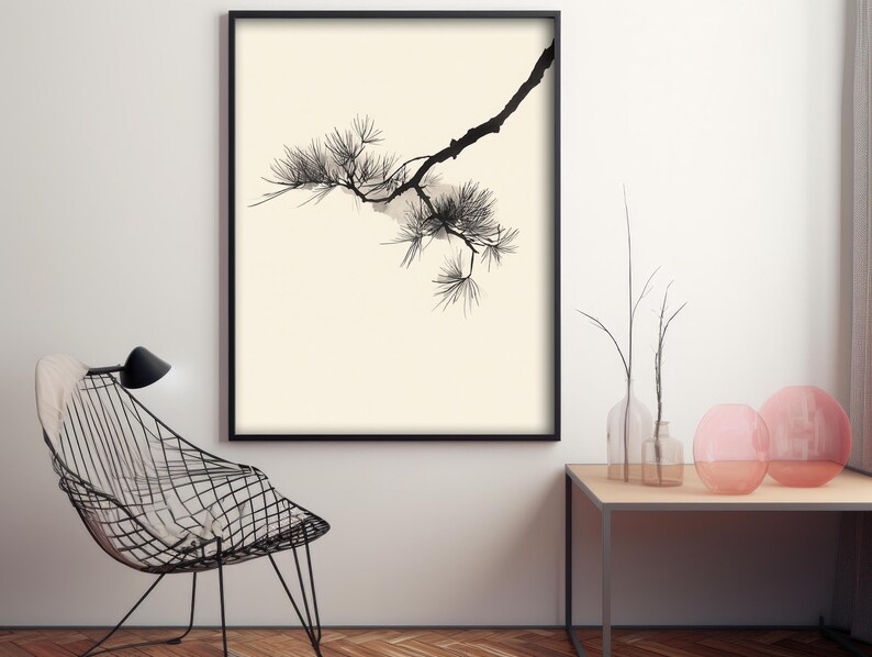 May include: A framed wall art print featuring a black ink illustration of a pine tree branch with needles on a cream-colored background. The artwork is displayed in a thin black frame, showcasing a detailed botanical study of the pine branch.
