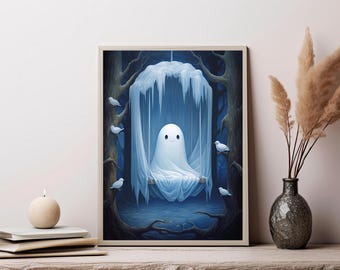 May include: A framed wall art print featuring a white ghost sitting on a swing suspended within a dark, icy forest. The ghost is draped in flowing fabric, surrounded by icicles and small white birds perched on dark, gnarled tree branches.