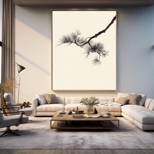 May include: A large rectangular wall art piece featuring a black ink-style illustration of a pine tree branch with needles against a solid cream-colored background, framed in a thin dark border and mounted on a light-colored interior wall.
