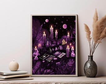 May include: A framed rectangular wall art print featuring a dark purple illustration of a mystical scene with lit candles, scattered tarot cards, and various crystals. The background depicts a starry night sky with two moons and lush foliage.
