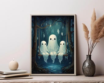 May include: A framed wall art print featuring three white ghost figures sitting on a wooden swing suspended in a dark forest. The ghosts have simple black eyes and are surrounded by smaller hanging ghost shapes against a deep blue background.