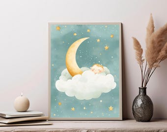 May include: A framed wall art print featuring a watercolor illustration of a baby sleeping on a large white cloud next to a yellow crescent moon. The background is a soft teal blue sky filled with small yellow stars and tiny white dots.