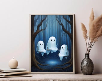 May include: A framed wall art print depicting three white ghosts with simple black eyes and smiles, each sitting on a wooden swing suspended from dark, gnarled tree branches in a deep blue forest setting with a glowing light on the ground.