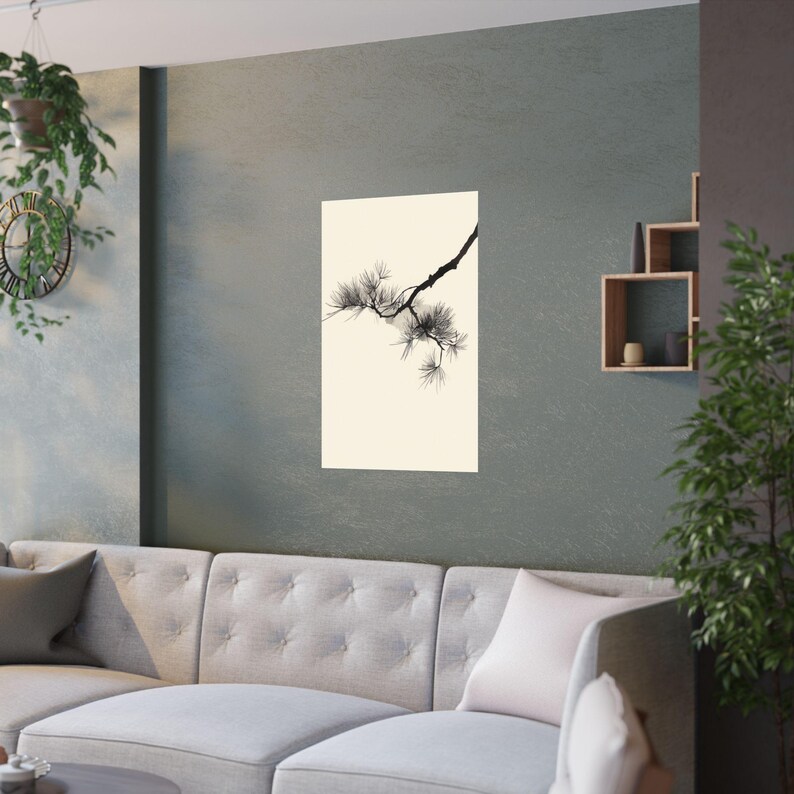 Pine Branch Print, Japanese Ink Style Wall Art, Zen Minimalist Decor, Sumi e Inspired Print image 4