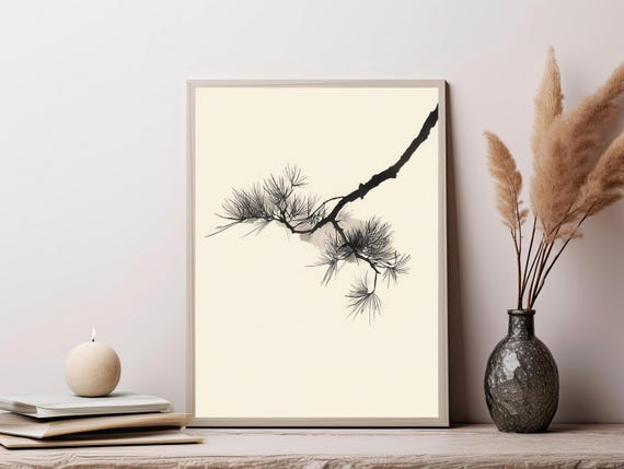 Pine Branch Print, Japanese Ink Style Wall Art, Zen Minimalist Decor, Sumi e Inspired Print