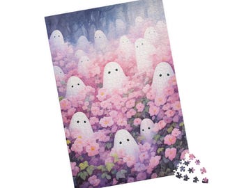 May include: A rectangular jigsaw puzzle featuring a whimsical illustration of multiple white ghost figures with black eyes scattered throughout a dense field of pink and purple flowers, with a few loose puzzle pieces resting near the bottom corner.