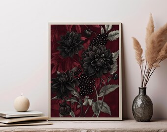 May include: A rectangular framed wall art print featuring a dark botanical illustration of black dahlia flowers, clusters of small black berries, and deep red foliage set against a solid dark burgundy background with a light-colored frame.