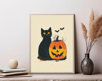 May include: A rectangular wall art print on a cream background featuring a black cat sitting next to an orange jack-o'-lantern pumpkin. Two small black bats are flying above the pumpkin, which is surrounded by thin, dark, leafless branches.