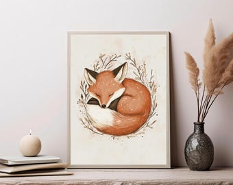 May include: A rectangular wall art print featuring a watercolor illustration of a curled-up sleeping fox with orange fur and a white-tipped tail, surrounded by a delicate circular wreath of thin brown branches on a cream-colored background.