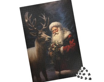 May include: A rectangular jigsaw puzzle featuring a painting of Santa Claus with a long white beard and red coat, holding a bouquet of flowers next to a large reindeer with antlers. Several loose puzzle pieces are scattered at the bottom right.
