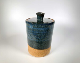 Handmade Pottery Jar with Lid, Dark Blue, 6.75 inches