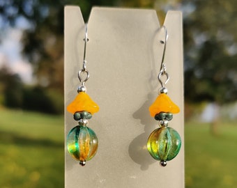 Yellow, Blue, and Green Czech Glass Flower Earrings