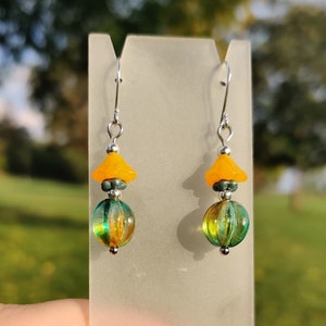 Yellow, Blue, and Green Czech Glass Flower Earrings