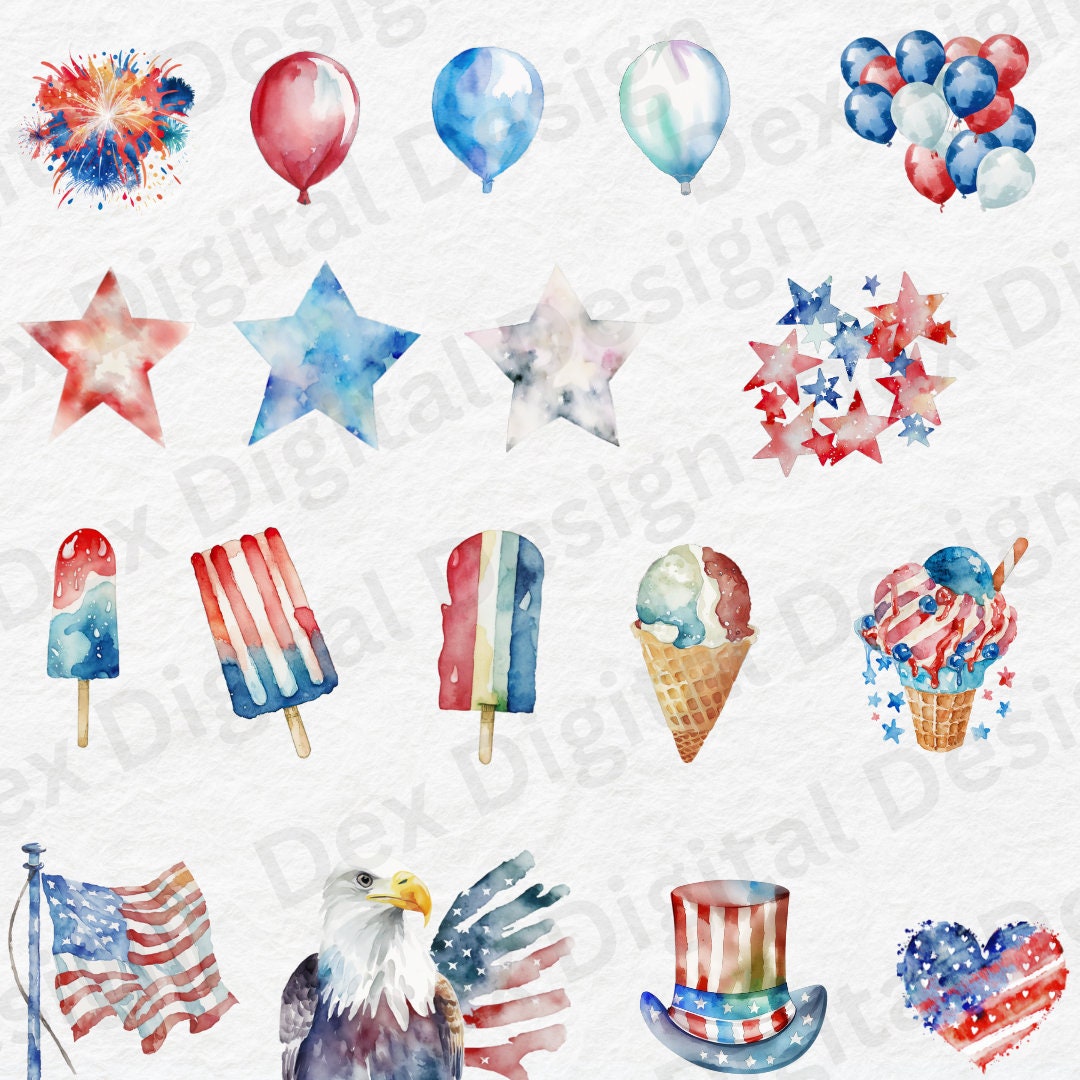 Watercolor 4th of July - Independence Day Clipart, Digital PNG Graphics ...