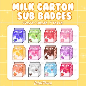 Milk Carton Sub Badges | 12 Kawaii Milk Box Sub Badges | Cute Twitch Sub Badges