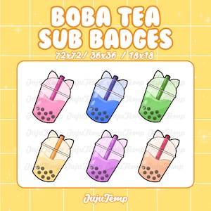 Boba Bubble Tea Milk Sub Badges | 6 Kawaii Cat Bubble Tea Cup Drink | Twitch Sub Badges