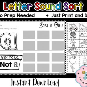 Letter Sound Sort - Printables- Kindergarten- Pre-K- Homeschool-Teacher Resources-Instant Download-Letter Sounds-Cut and Glue Worksheet